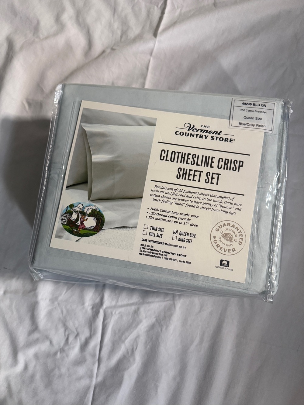 Vermont Country Store Clothesline Crisp Sheet Set - Light Blue/Gray